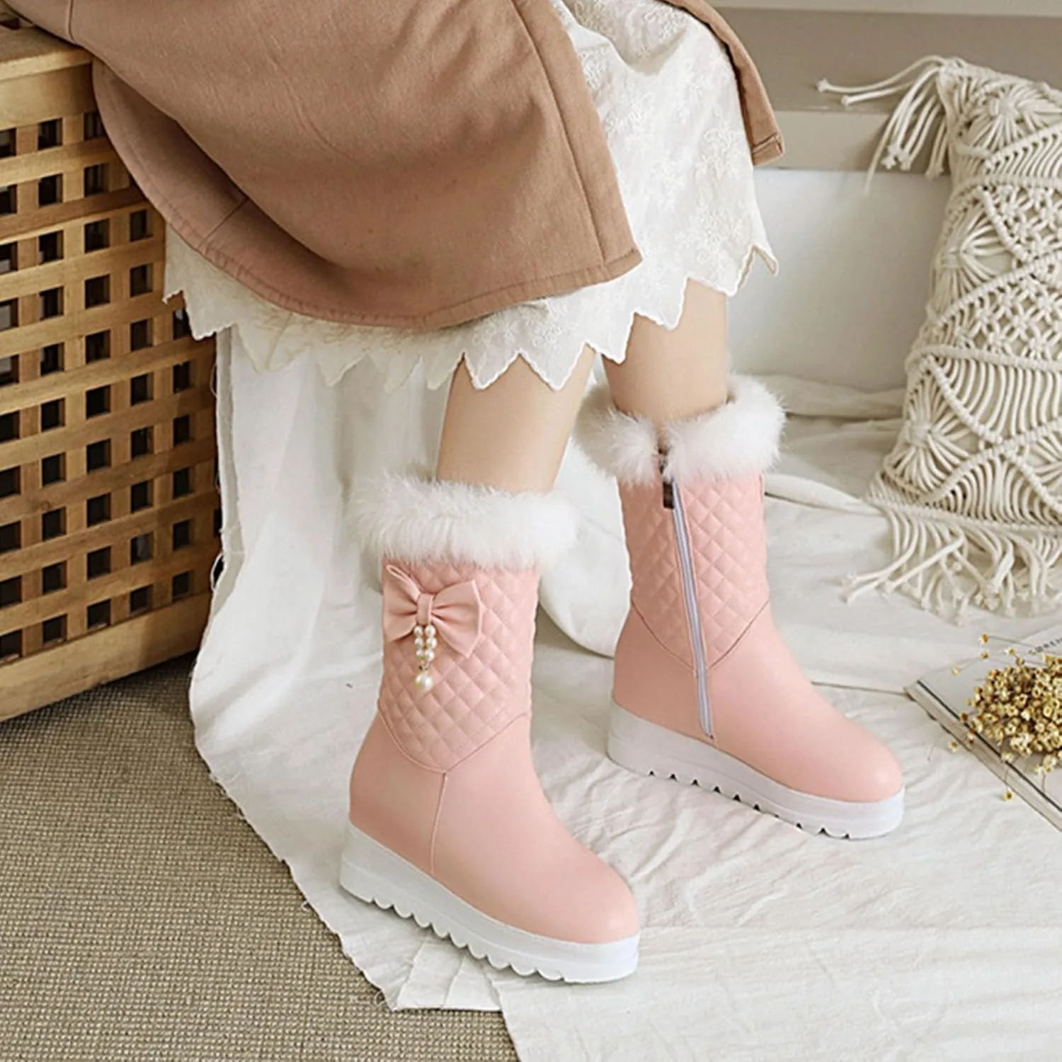 Thick Soled Zip Up Snow Boots, Fleece Lined Raw Edge Warm Short Boots Waterproof and Non Slip Winter Boots for Women Bow and Pearl Embellished Boots