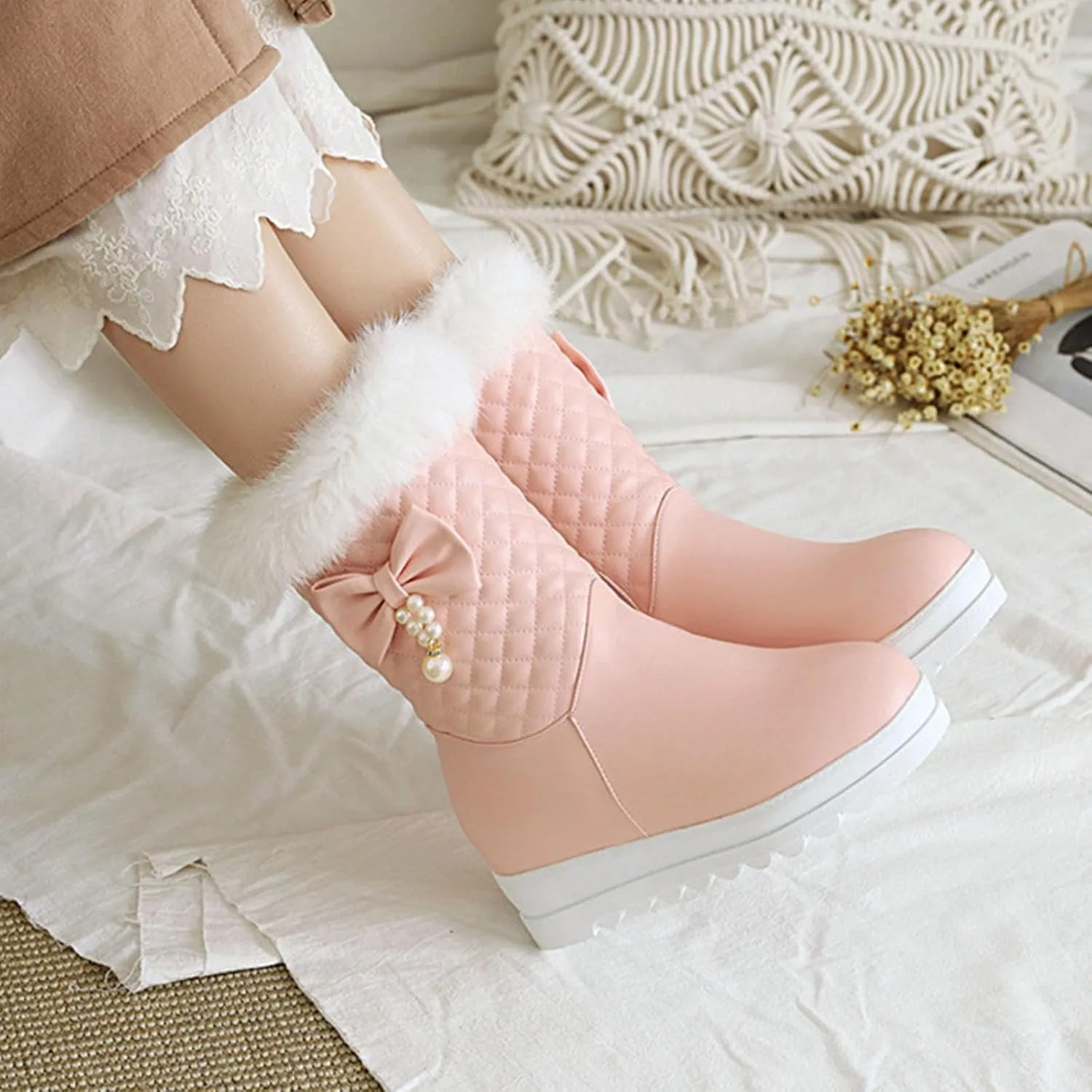 Thick Soled Zip Up Snow Boots, Fleece Lined Raw Edge Warm Short Boots Waterproof and Non Slip Winter Boots for Women Bow and Pearl Embellished Boots