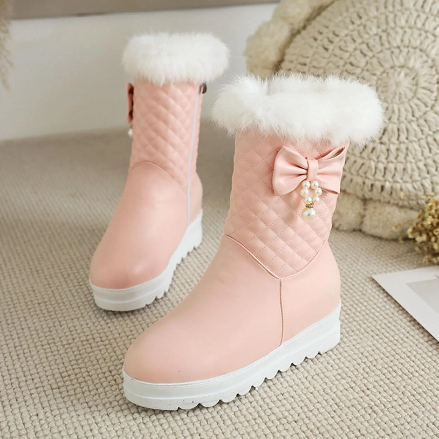 Thick Soled Zip Up Snow Boots, Fleece Lined Raw Edge Warm Short Boots Waterproof and Non Slip Winter Boots for Women Bow and Pearl Embellished Boots