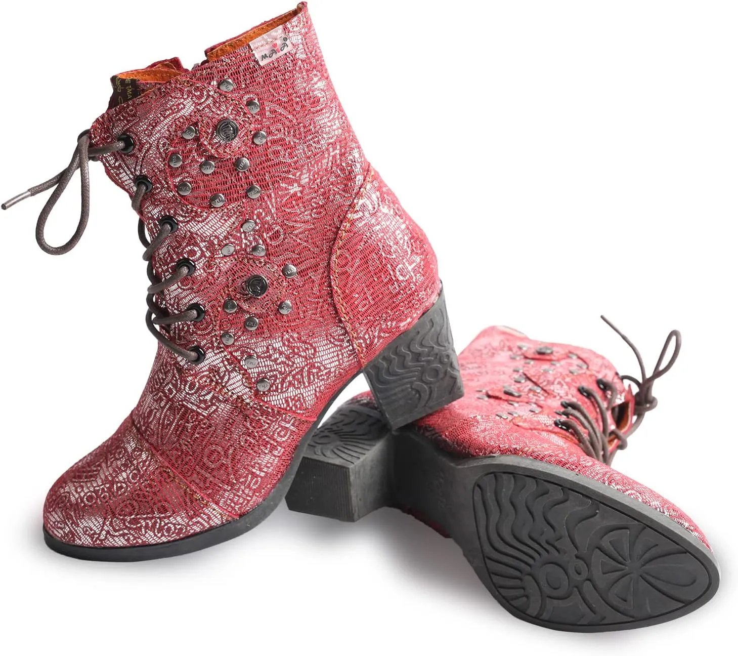 TMA EYES Abstract Studded Lace-up and Zipper Women's Leather Boots