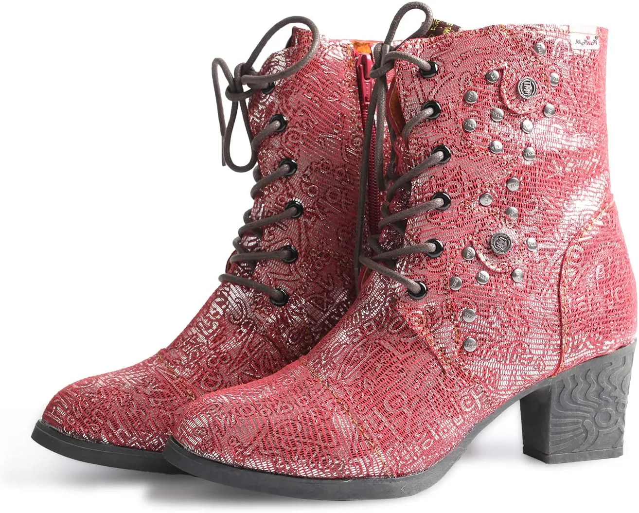 TMA EYES Abstract Studded Lace-up and Zipper Women's Leather Boots
