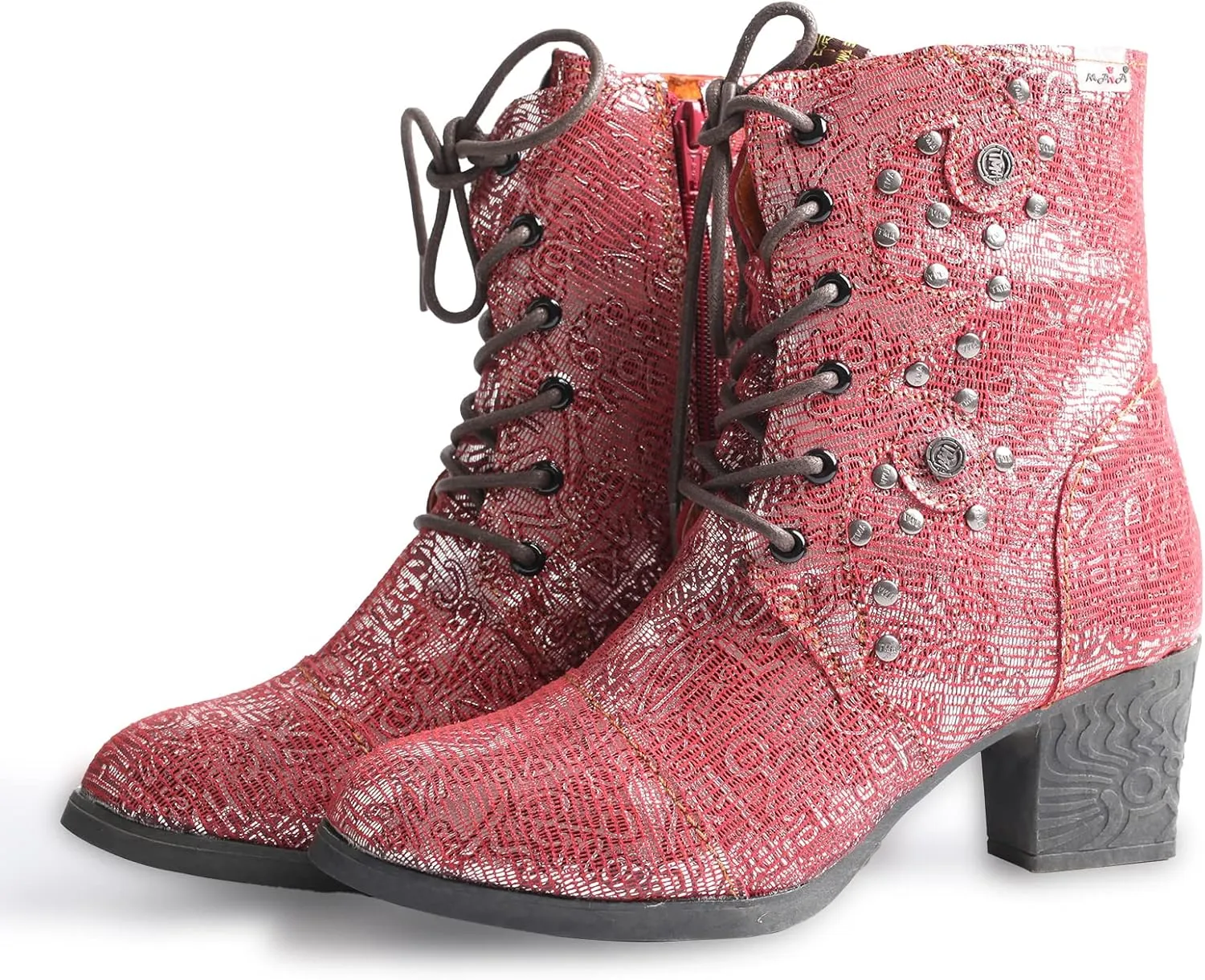 TMA EYES Abstract Studded Lace-up and Zipper Women's Leather Boots