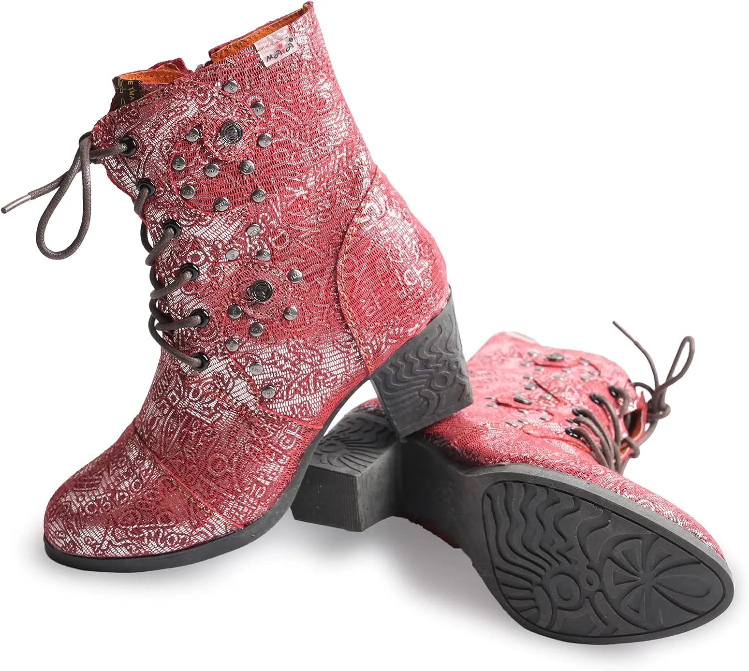 TMA EYES Abstract Studded Lace-up and Zipper Women's Leather Boots
