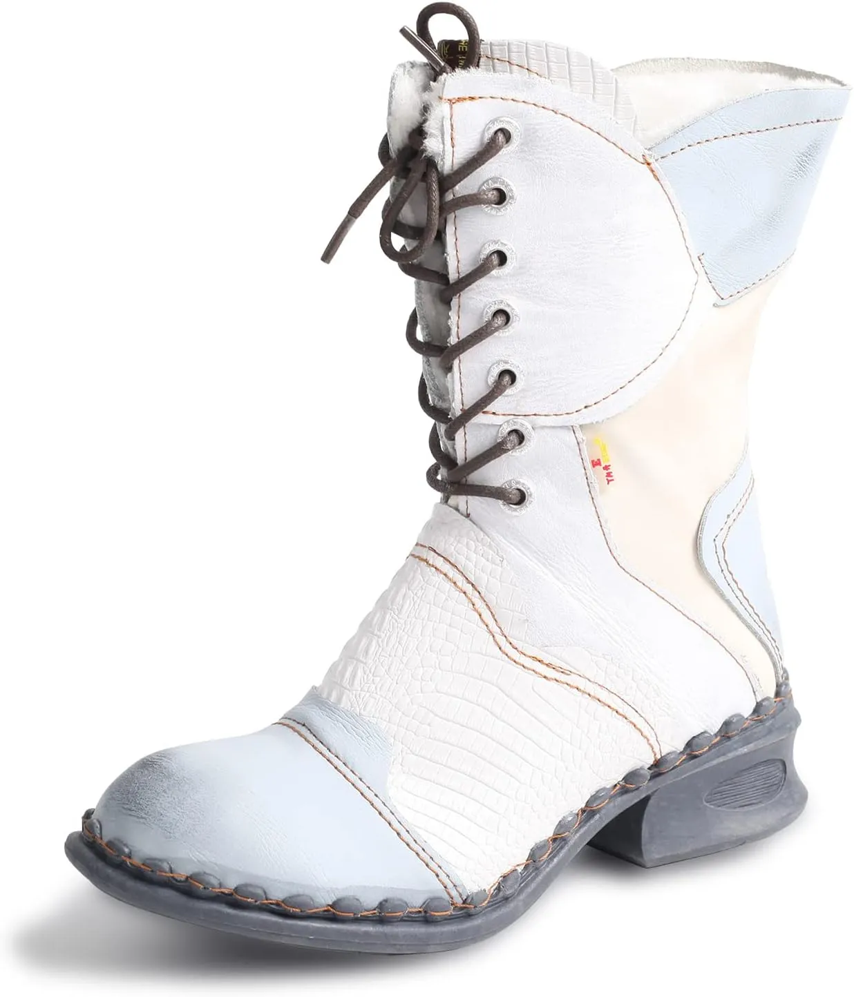 TMA EYES Croc-Embossed Leather Boots Women's Faux Fur Mid Calf Boots