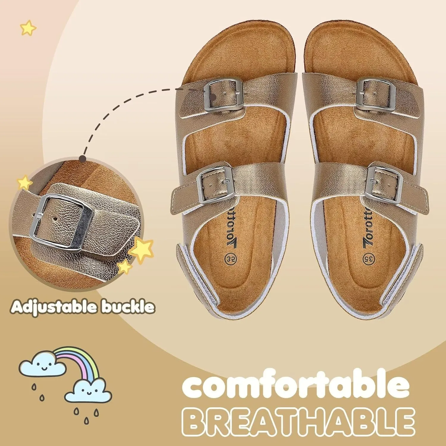 Torotto Girls Boys Sandals with Cork Footbed Adjustable Buckle Casual Slides Sandals Open Toes Flat for Kids Toddler