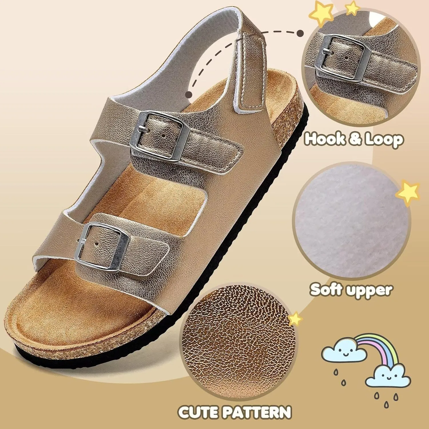 Torotto Girls Boys Sandals with Cork Footbed Adjustable Buckle Casual Slides Sandals Open Toes Flat for Kids Toddler