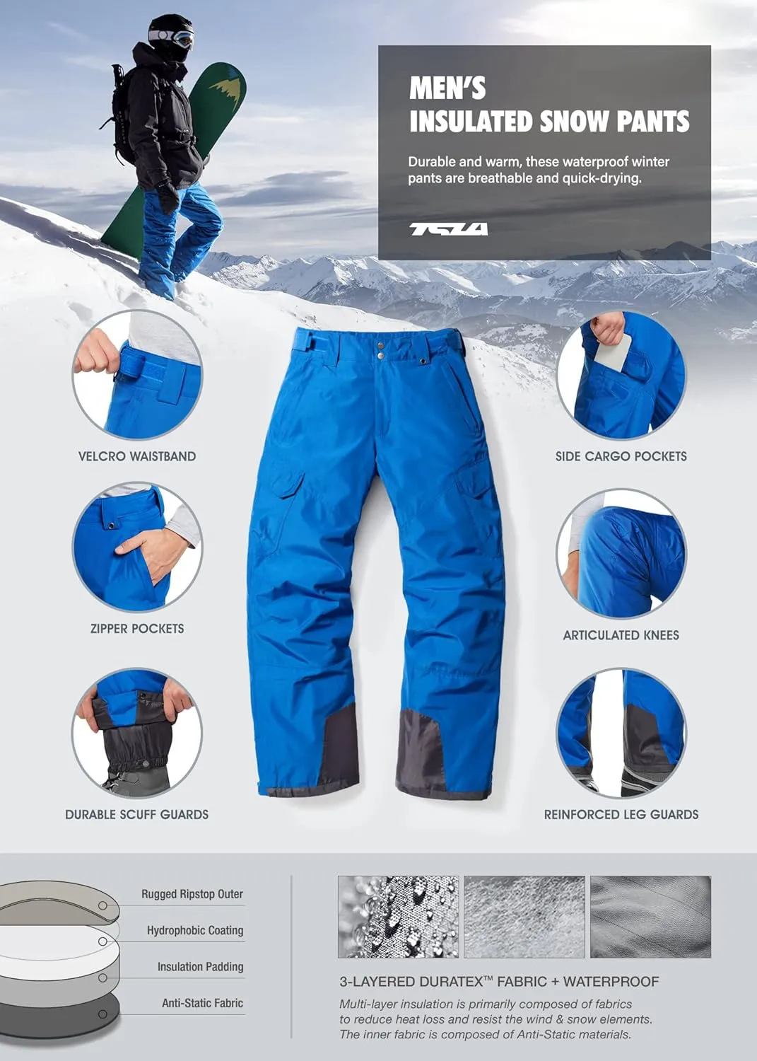 TSLA Men's Winter Snow Pants, Waterproof Insulated Ski Pants, Ripstop Windproof Snowboard Bottoms
