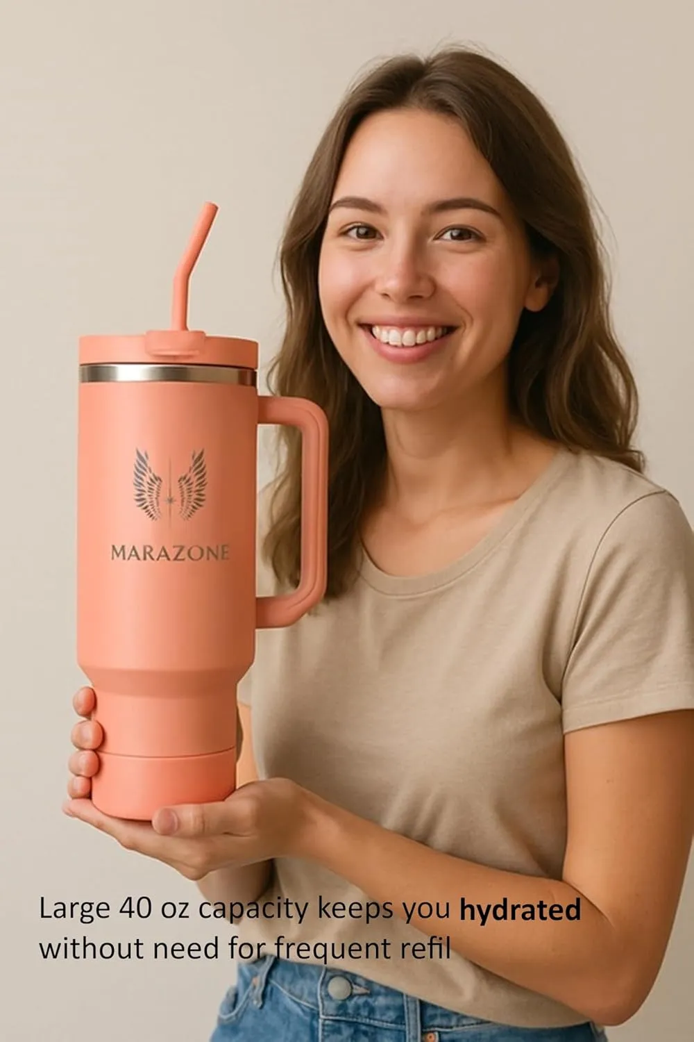 Tumbler with Handle and Straw 40oz | Leakproof Lid | Cup Holder Compatible Travel Mug | Vacuum Insulated Stainless Steel Cup | BPA-Free | Straw Cleaner & Silicone Boot Included (Rose Tan)