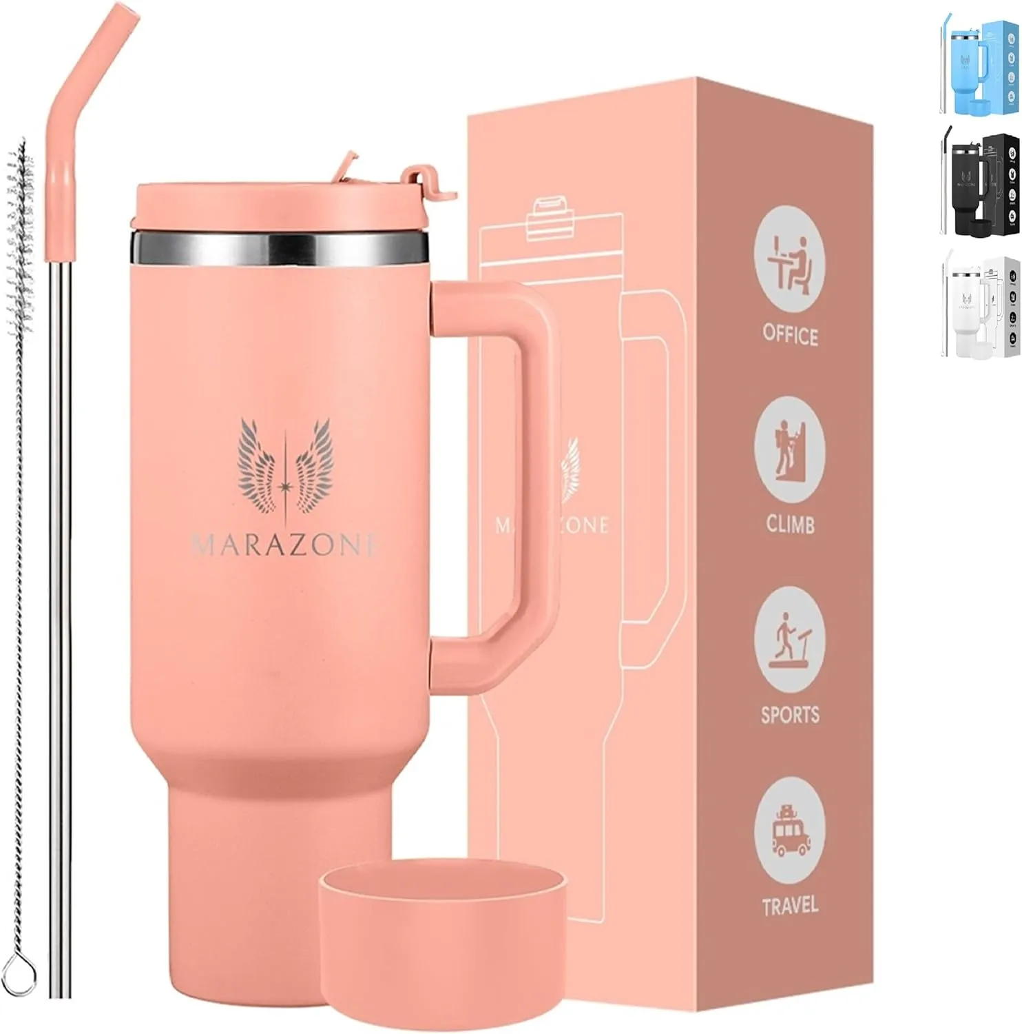 Tumbler with Handle and Straw 40oz | Leakproof Lid | Cup Holder Compatible Travel Mug | Vacuum Insulated Stainless Steel Cup | BPA-Free | Straw Cleaner & Silicone Boot Included (Rose Tan)