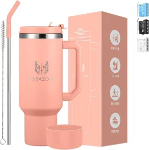 Tumbler with Handle and Straw 40oz | Leakproof Lid | Cup Holder Compatible Travel Mug | Vacuum Insulated Stainless Steel Cup | BPA-Free | Straw Cleaner & Silicone Boot Included (Rose Tan)