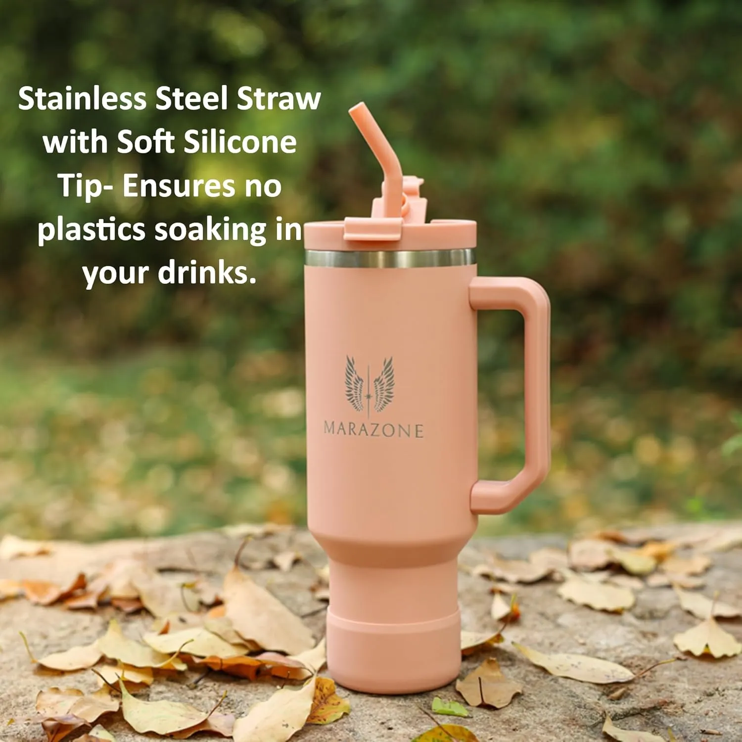 Tumbler with Handle and Straw 40oz | Leakproof Lid | Cup Holder Compatible Travel Mug | Vacuum Insulated Stainless Steel Cup | BPA-Free | Straw Cleaner & Silicone Boot Included (Rose Tan)