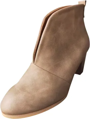 V Cut Ankle Boots Pull On Stacked Chelsea Booties Chunky Block Mid Heel Wedge Booties Almond Toe Low Top Suede Stylish Boots for Women Dressy Winter Fall Fashion Party