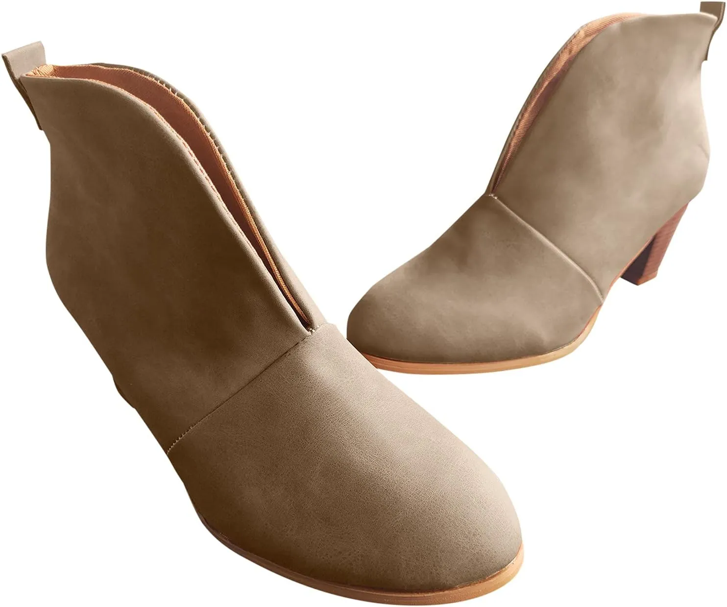 V Cut Ankle Boots Pull On Stacked Chelsea Booties Chunky Block Mid Heel Wedge Booties Almond Toe Low Top Suede Stylish Boots for Women Dressy Winter Fall Fashion Party