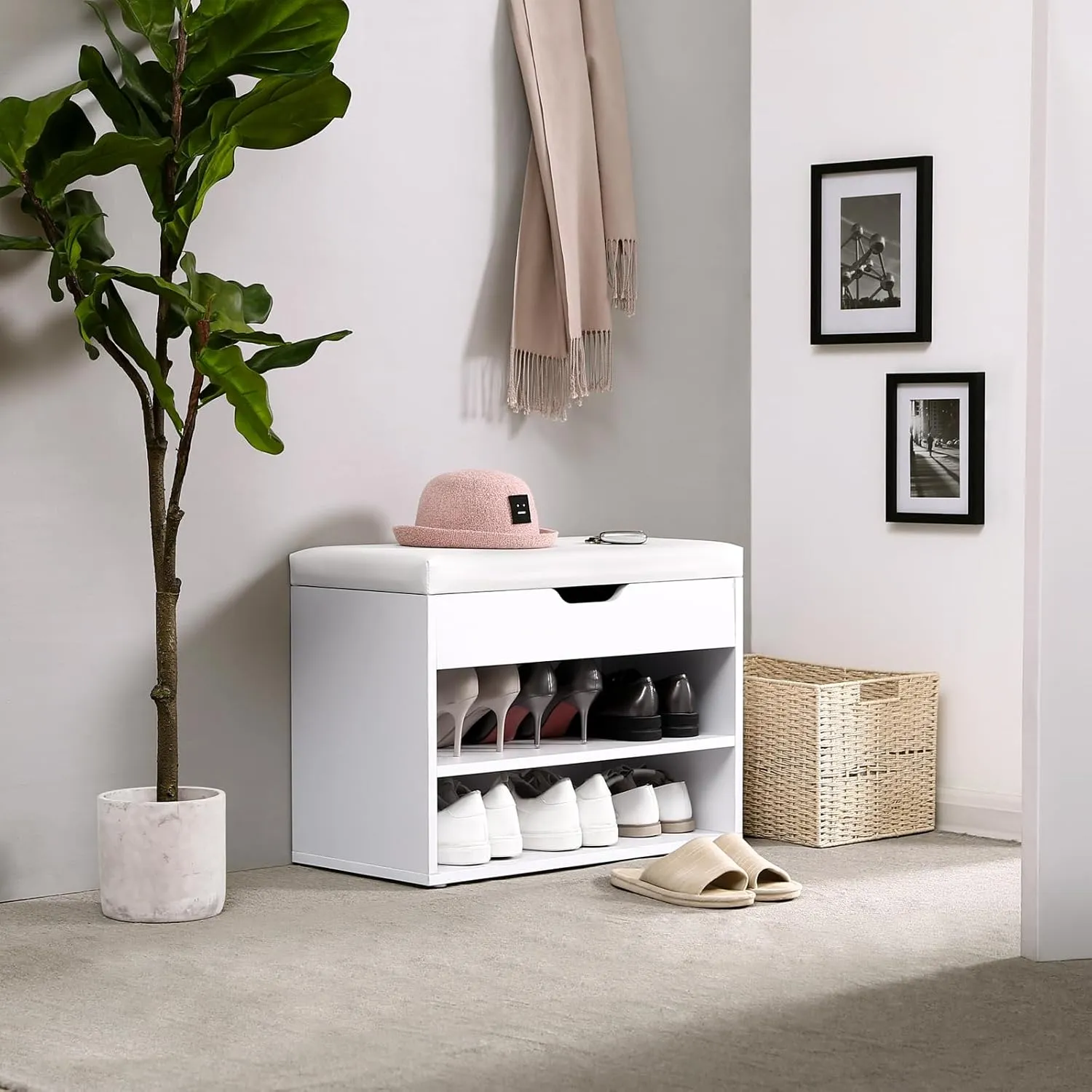 VASAGLE Shoe Bench with Cushion, Storage Bench with Padded Seat, Entryway Bench with 3 Storage Compartments, 11.8 x 23.6 x 17.3 Inches, for Bedroom, Living Room, White ULHS20WT