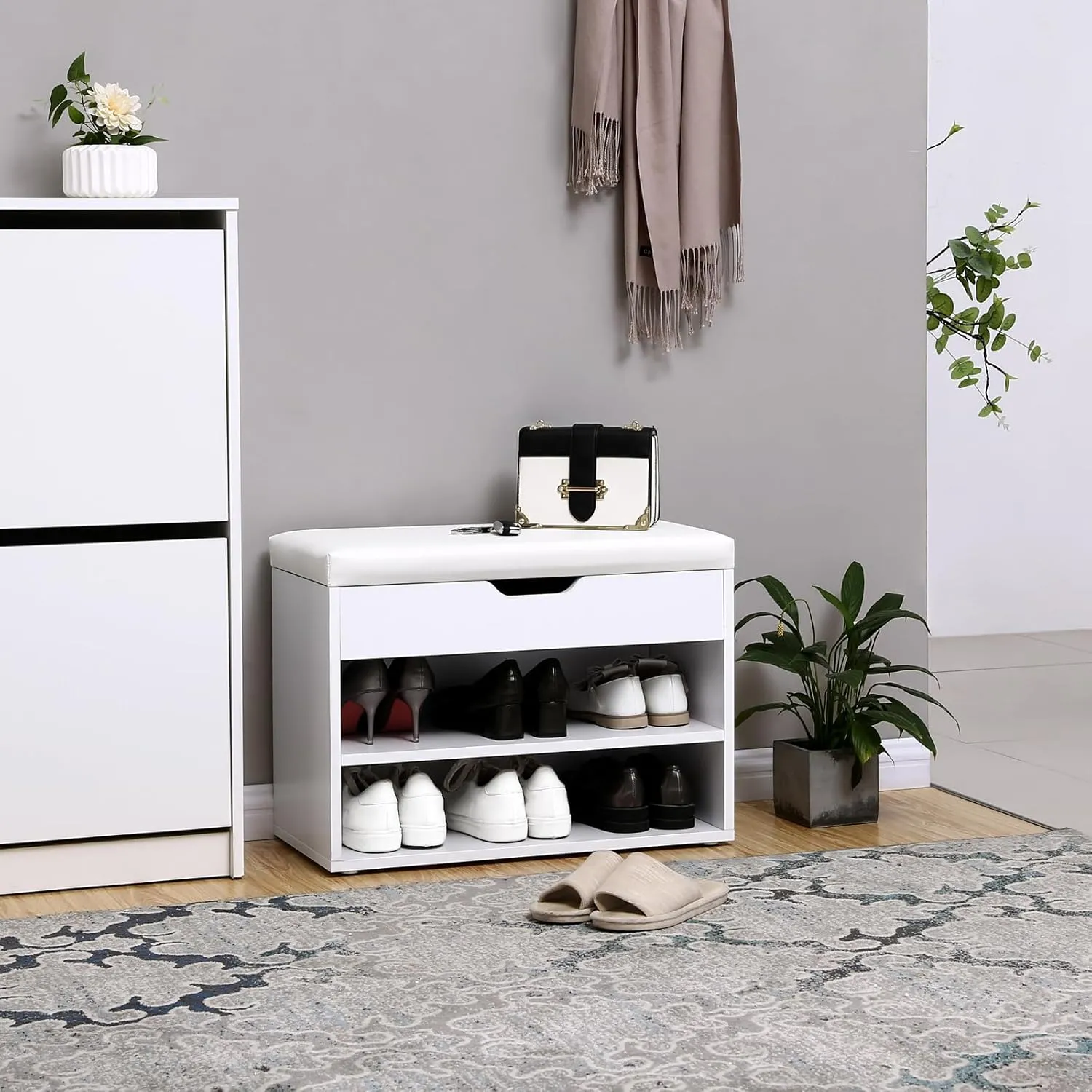 VASAGLE Shoe Bench with Cushion, Storage Bench with Padded Seat, Entryway Bench with 3 Storage Compartments, 11.8 x 23.6 x 17.3 Inches, for Bedroom, Living Room, White ULHS20WT