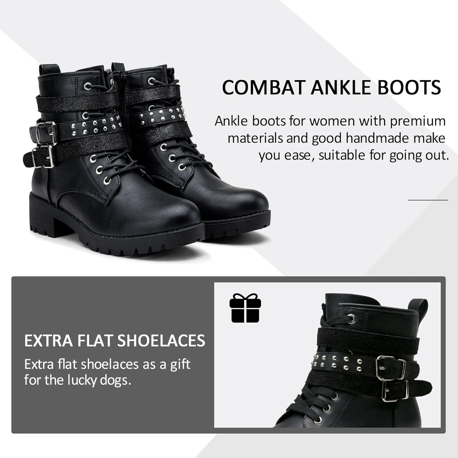 Vepose Women's Ankle Boots, Combat Lace up Booties with Inside Zipper