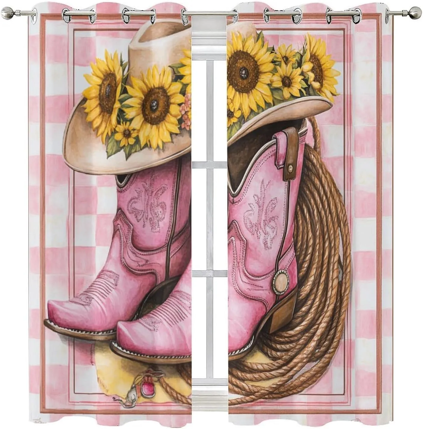 Vintage Cowboy Boot Curtains for Bedroom, Farmhouse Sunflower Hat Grommet Blackout Curtains Thermal Insulated Window Drapes for Living Room, 42W x 63L, 2 Panels