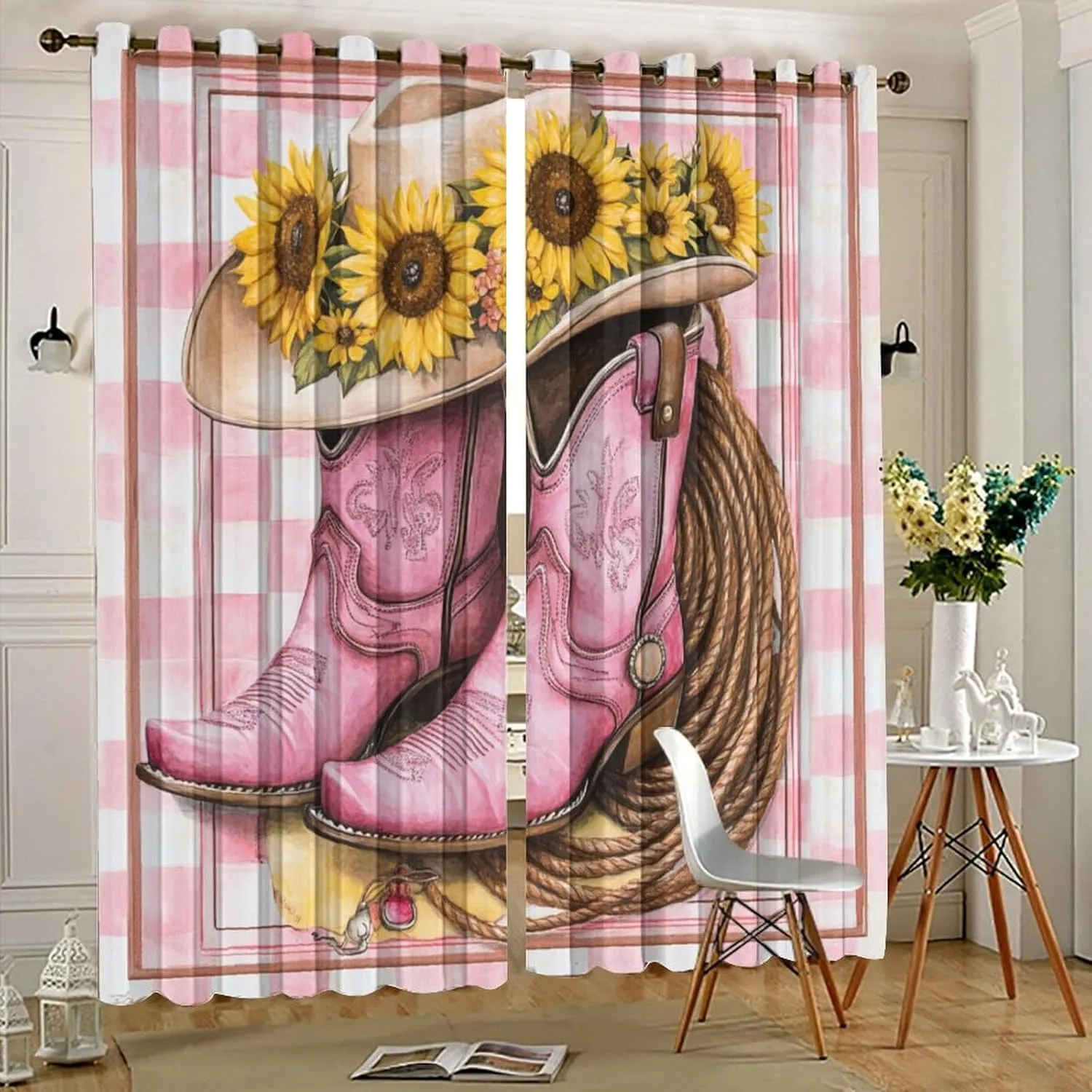 Vintage Cowboy Boot Curtains for Bedroom, Farmhouse Sunflower Hat Grommet Blackout Curtains Thermal Insulated Window Drapes for Living Room, 42W x 63L, 2 Panels