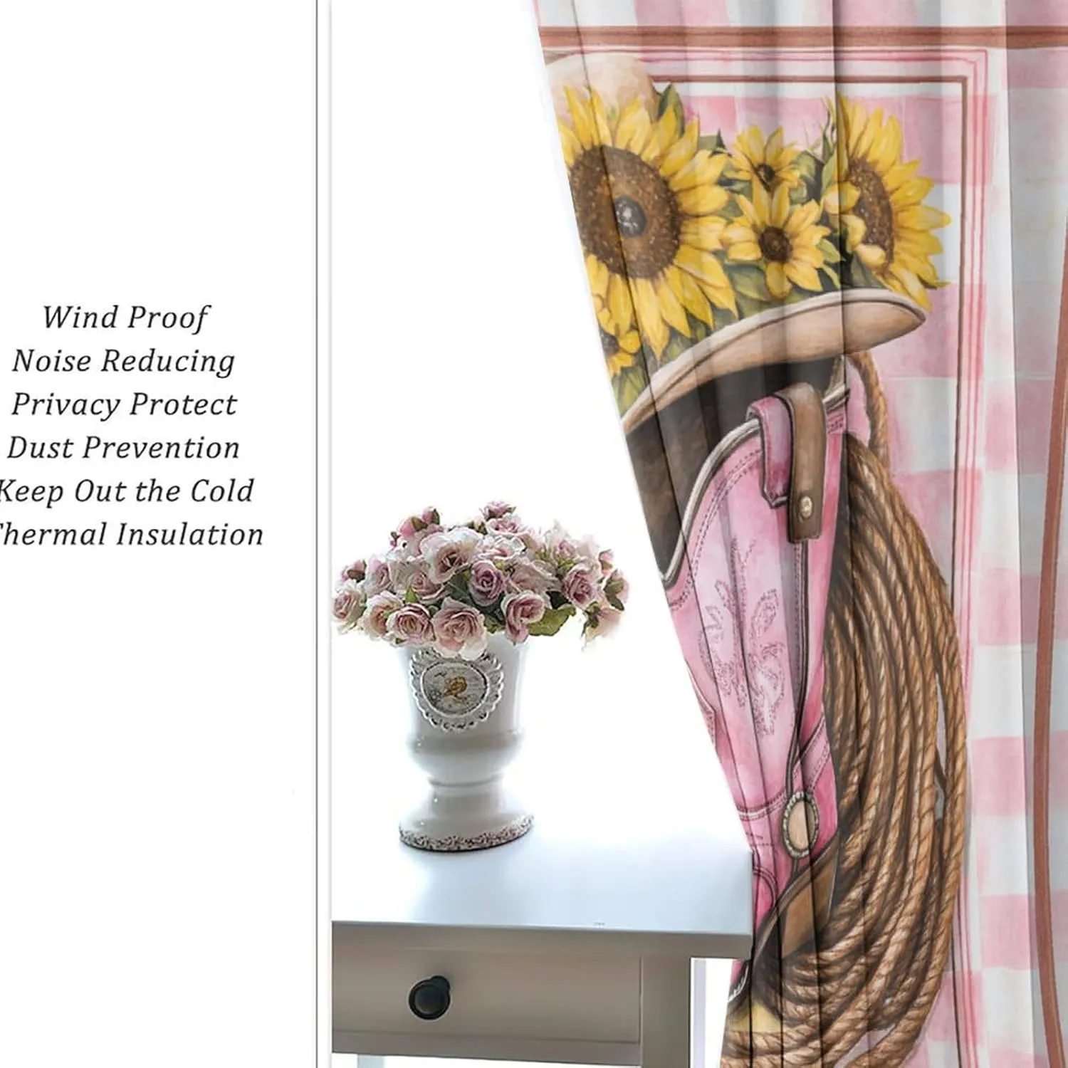 Vintage Cowboy Boot Curtains for Bedroom, Farmhouse Sunflower Hat Grommet Blackout Curtains Thermal Insulated Window Drapes for Living Room, 42W x 63L, 2 Panels