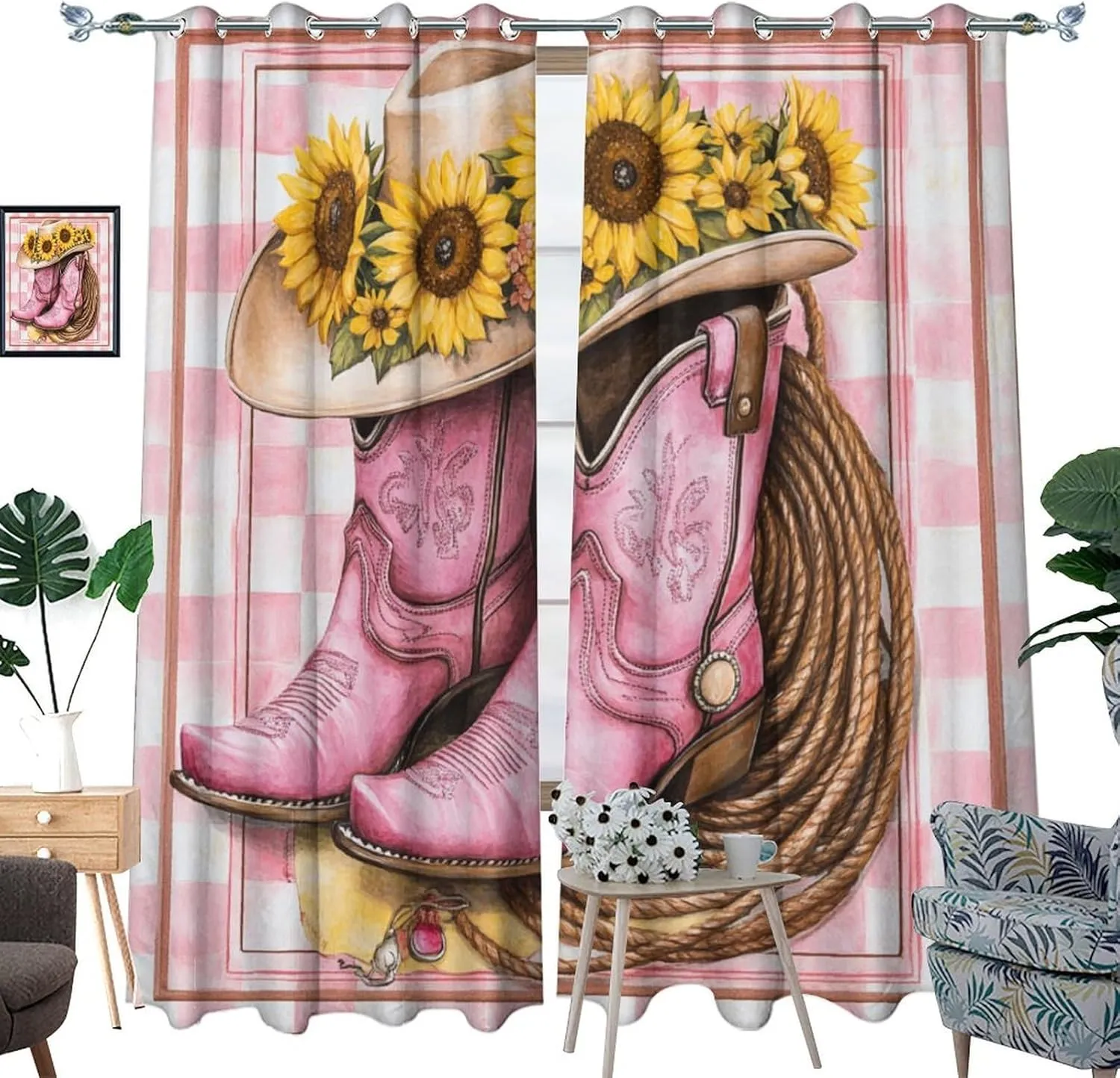Vintage Cowboy Boot Curtains for Bedroom, Farmhouse Sunflower Hat Grommet Blackout Curtains Thermal Insulated Window Drapes for Living Room, 42W x 63L, 2 Panels