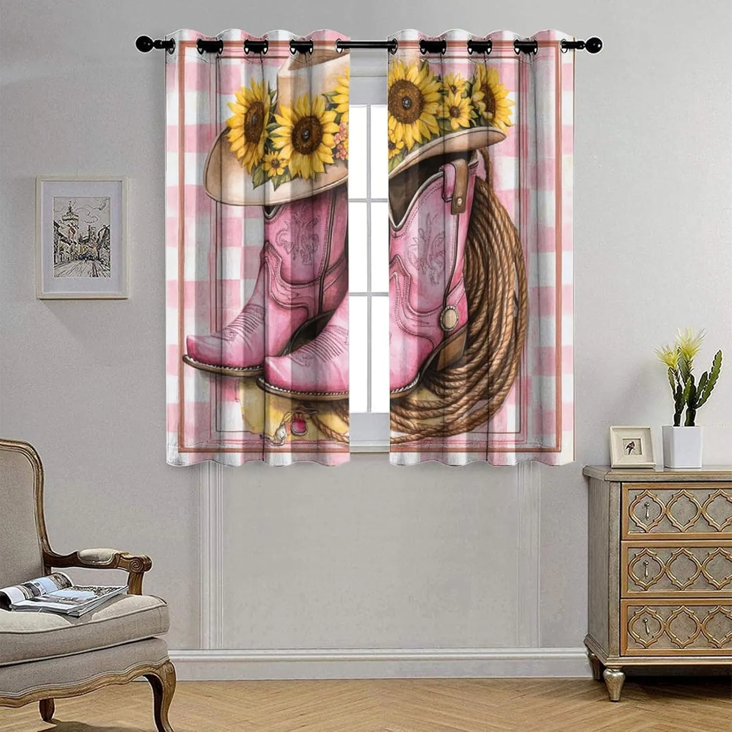 Vintage Cowboy Boot Curtains for Bedroom, Farmhouse Sunflower Hat Grommet Blackout Curtains Thermal Insulated Window Drapes for Living Room, 42W x 63L, 2 Panels