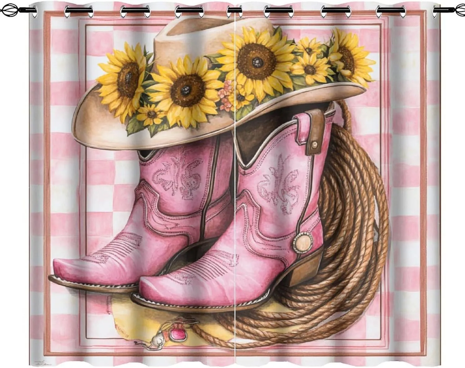 Vintage Cowboy Boot Curtains for Bedroom, Farmhouse Sunflower Hat Grommet Blackout Curtains Thermal Insulated Window Drapes for Living Room, 42W x 63L, 2 Panels