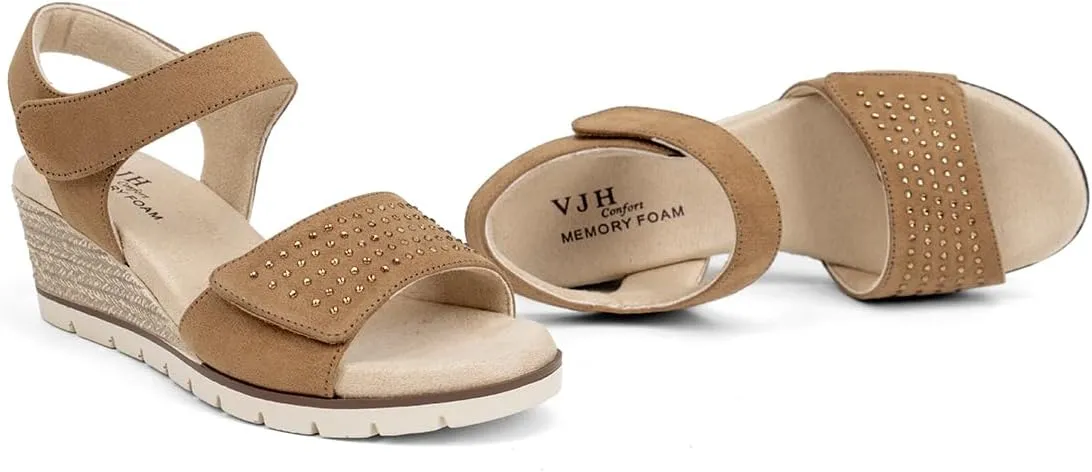 VJH confort Women's Wedge Sandals, Comfort Memory Foam Rhinestone Sandal with Adjustable straps