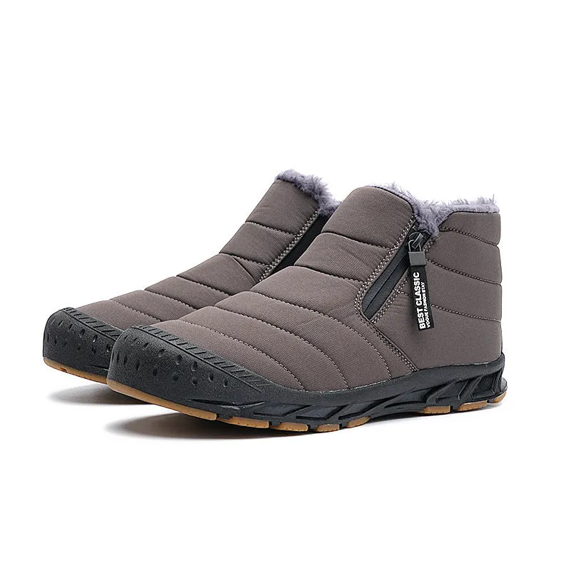 Warm Lined Snow Boots Zip Short Shaft Boots Flat Outdoor Comfortable Non-slip & Waterproof Winter Barefoot Shoe (Unisex)