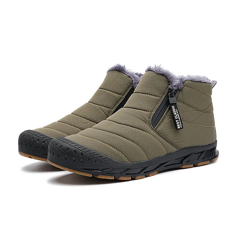 Warm Lined Snow Boots Zip Short Shaft Boots Flat Outdoor Comfortable Non-slip & Waterproof Winter Barefoot Shoe (Unisex)