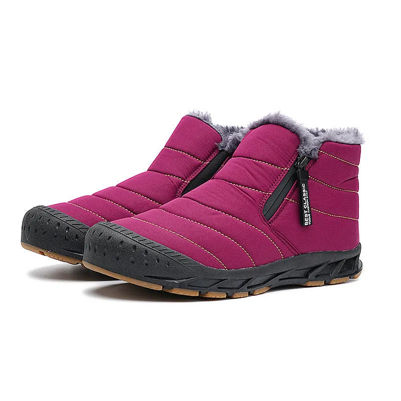 Warm Lined Snow Boots Zip Short Shaft Boots Flat Outdoor Comfortable Non-slip & Waterproof Winter Barefoot Shoe (Unisex)