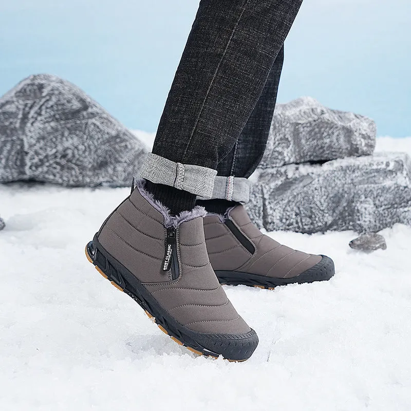 Warm Lined Snow Boots Zip Short Shaft Boots Flat Outdoor Comfortable Non-slip & Waterproof Winter Barefoot Shoe (Unisex)