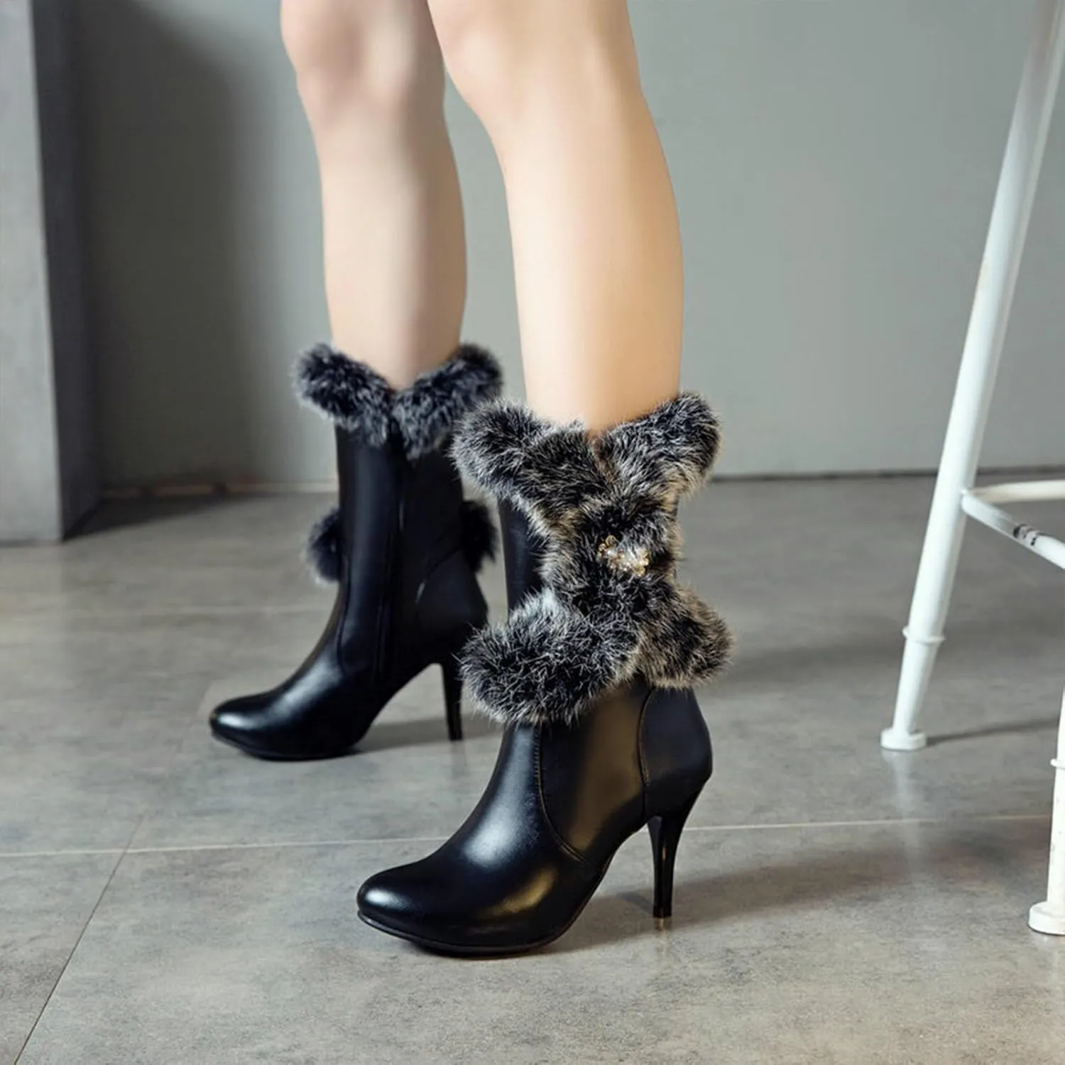 Waterproof Snow Boots, Mid-Calf Boots for Women Pointed Toe Stiletto Heels Side Zipper Plush and Warm Mid-Calf Boots Pu Waterproof Raw Edge Fashion Boots
