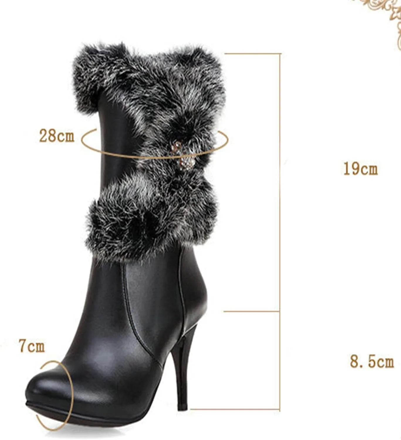 Waterproof Snow Boots, Mid-Calf Boots for Women Pointed Toe Stiletto Heels Side Zipper Plush and Warm Mid-Calf Boots Pu Waterproof Raw Edge Fashion Boots
