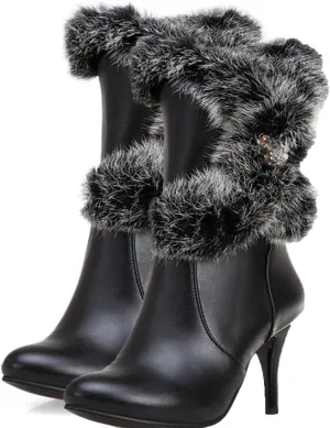 Waterproof Snow Boots, Mid-Calf Boots for Women Pointed Toe Stiletto Heels Side Zipper Plush and Warm Mid-Calf Boots Pu Waterproof Raw Edge Fashion Boots