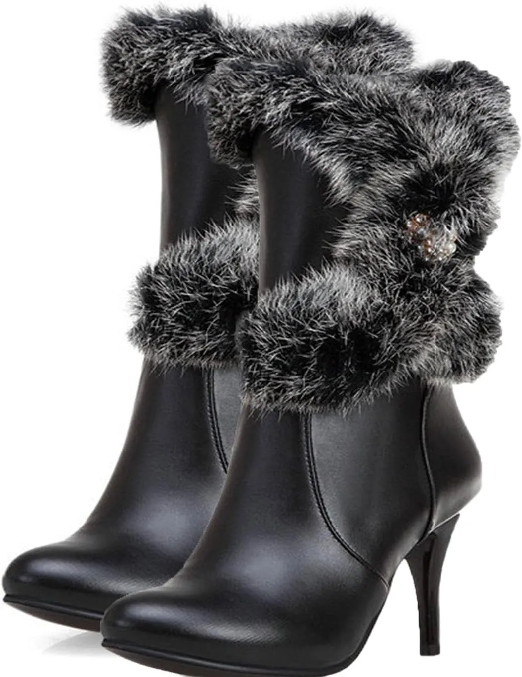 Waterproof Snow Boots, Mid-Calf Boots for Women Pointed Toe Stiletto Heels Side Zipper Plush and Warm Mid-Calf Boots Pu Waterproof Raw Edge Fashion Boots