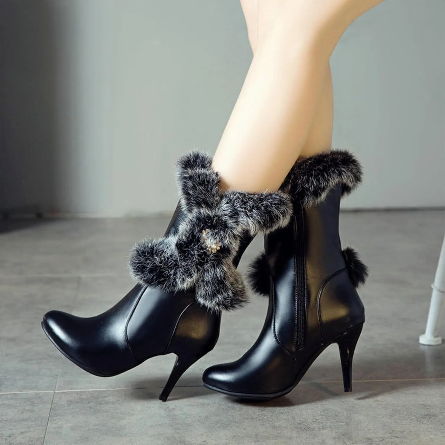 Waterproof Snow Boots, Mid-Calf Boots for Women Pointed Toe Stiletto Heels Side Zipper Plush and Warm Mid-Calf Boots Pu Waterproof Raw Edge Fashion Boots