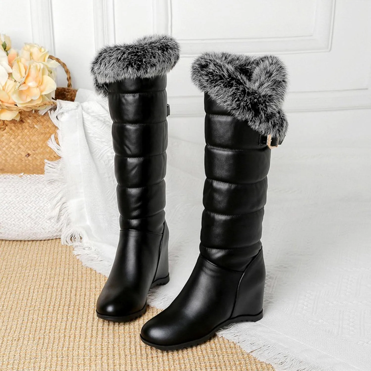 Wedge Heel Knee High Snow Boots, Short Plush Lining with Raw Edges for Warmth High Boots Slip On Thick Soled Straight Boots Belt Buckle Decoration Fashion Boots