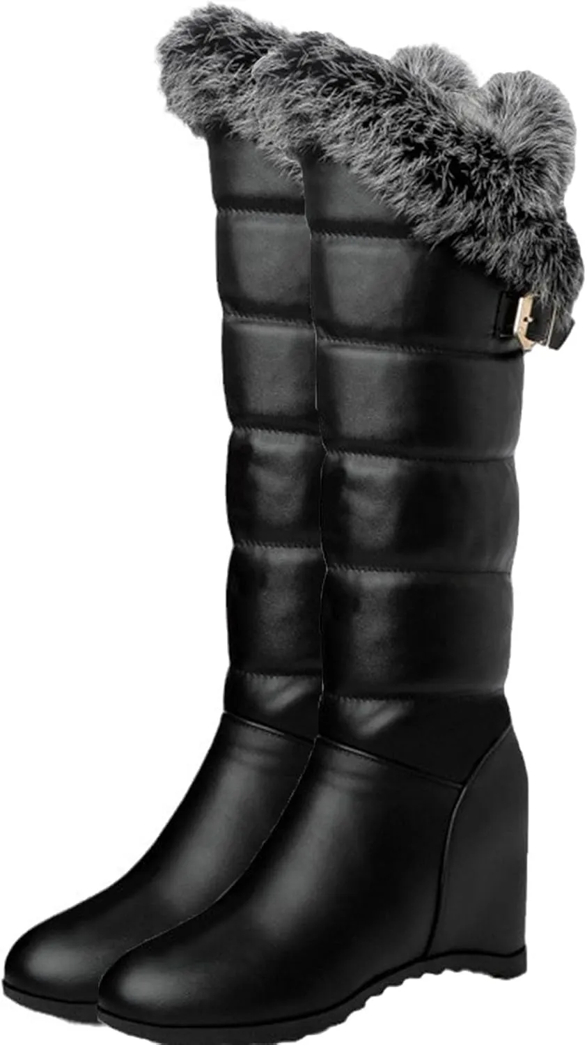 Wedge Heel Knee High Snow Boots, Short Plush Lining with Raw Edges for Warmth High Boots Slip On Thick Soled Straight Boots Belt Buckle Decoration Fashion Boots