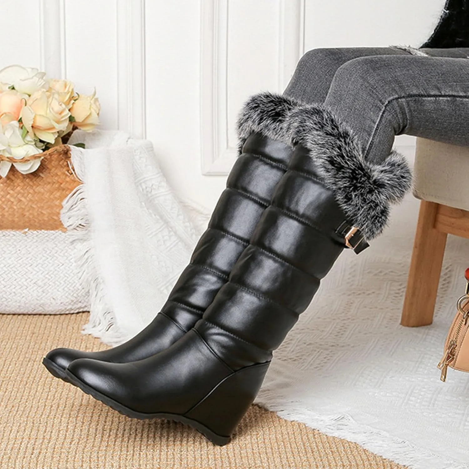 Wedge Heel Knee High Snow Boots, Short Plush Lining with Raw Edges for Warmth High Boots Slip On Thick Soled Straight Boots Belt Buckle Decoration Fashion Boots