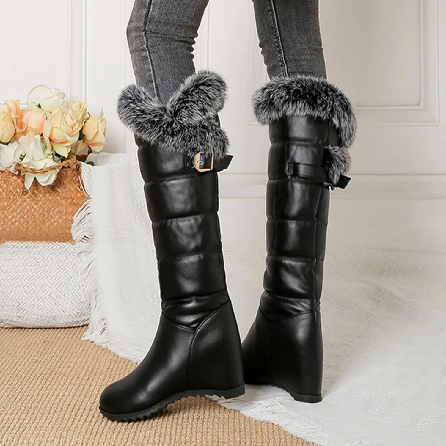 Wedge Heel Knee High Snow Boots, Short Plush Lining with Raw Edges for Warmth High Boots Slip On Thick Soled Straight Boots Belt Buckle Decoration Fashion Boots