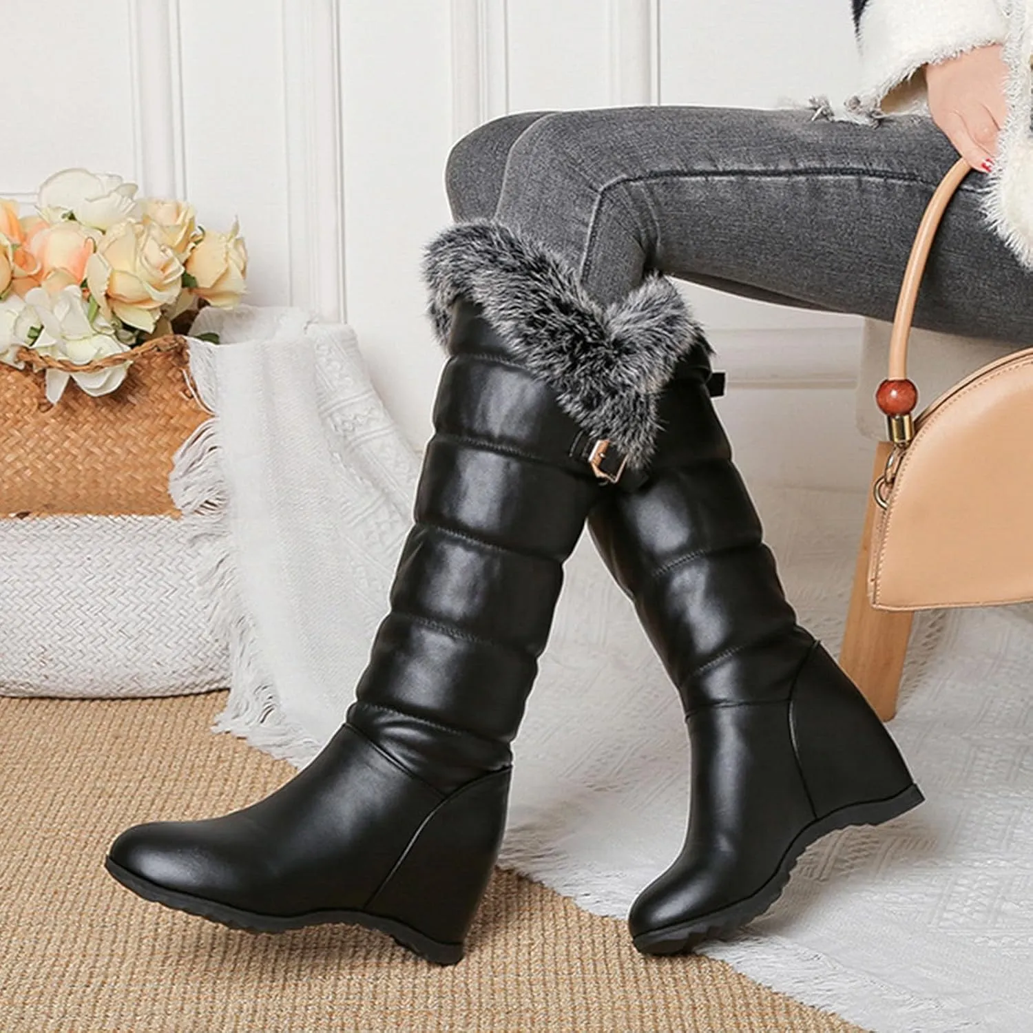 Wedge Heel Knee High Snow Boots, Short Plush Lining with Raw Edges for Warmth High Boots Slip On Thick Soled Straight Boots Belt Buckle Decoration Fashion Boots