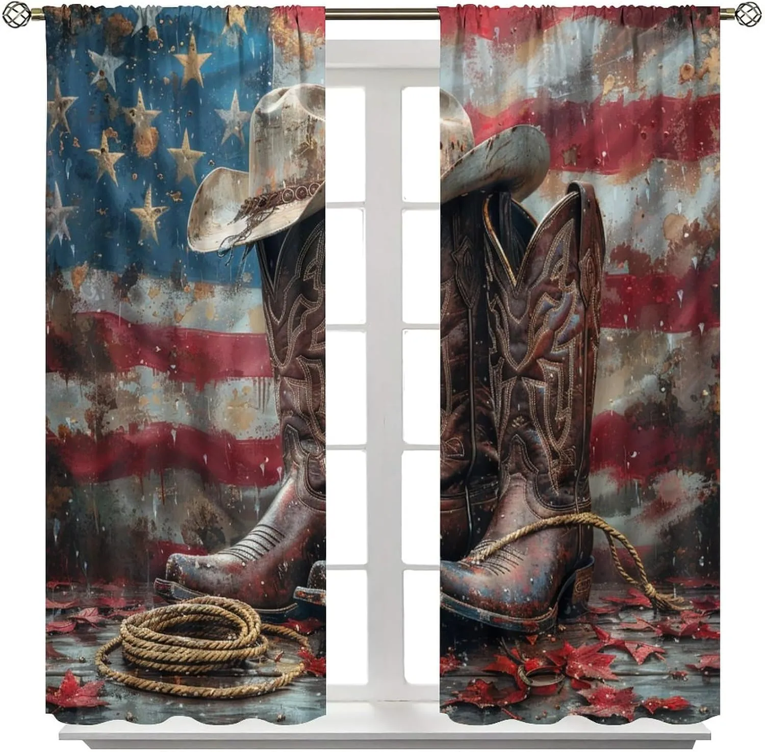 Western Cowboy Boot Blackout Curtains for Bedroom Living Room, Rod Pocket Vintage Hat American Flag Curtains Thermal Insulated Window Drapes 2 Panels, Each 27.5W x 63L