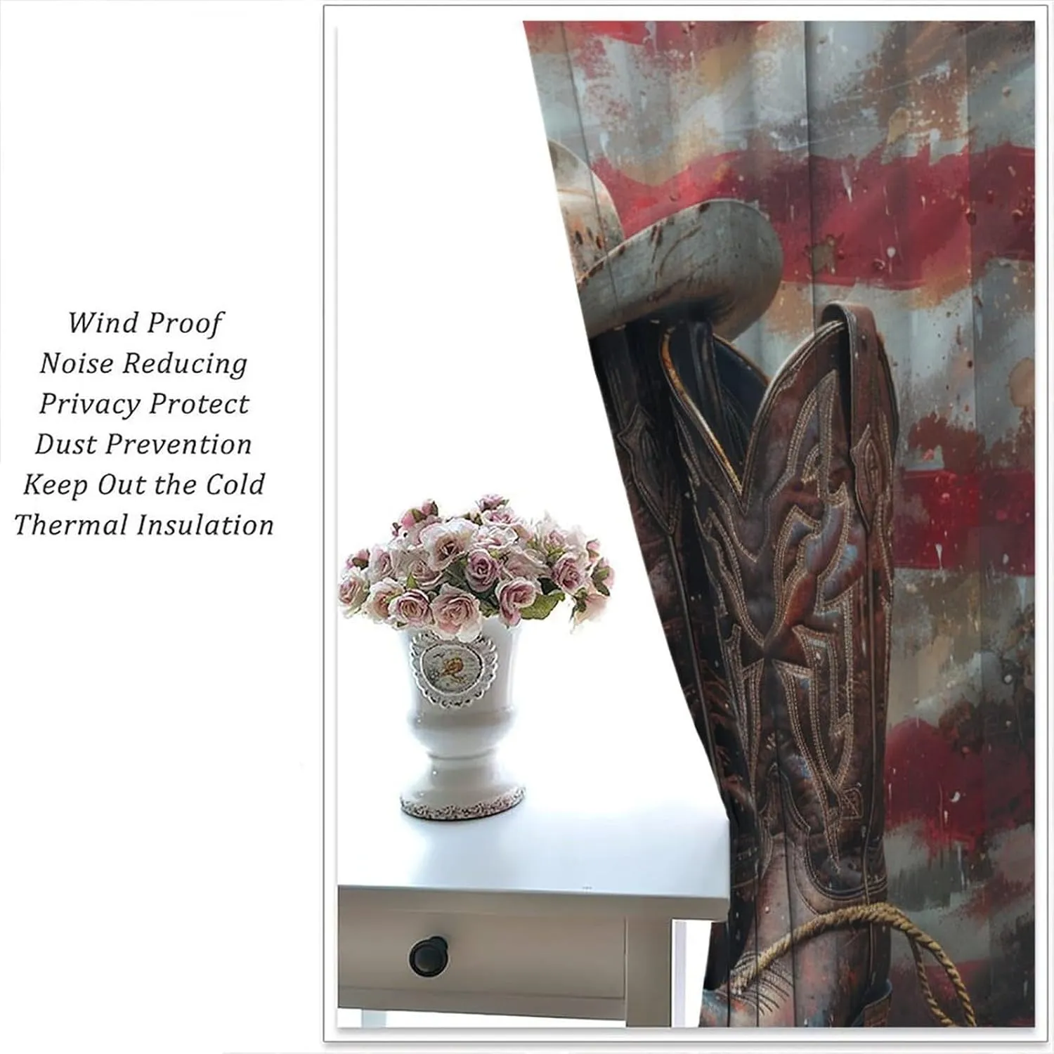 Western Cowboy Boot Blackout Curtains for Bedroom Living Room, Rod Pocket Vintage Hat American Flag Curtains Thermal Insulated Window Drapes 2 Panels, Each 27.5W x 63L