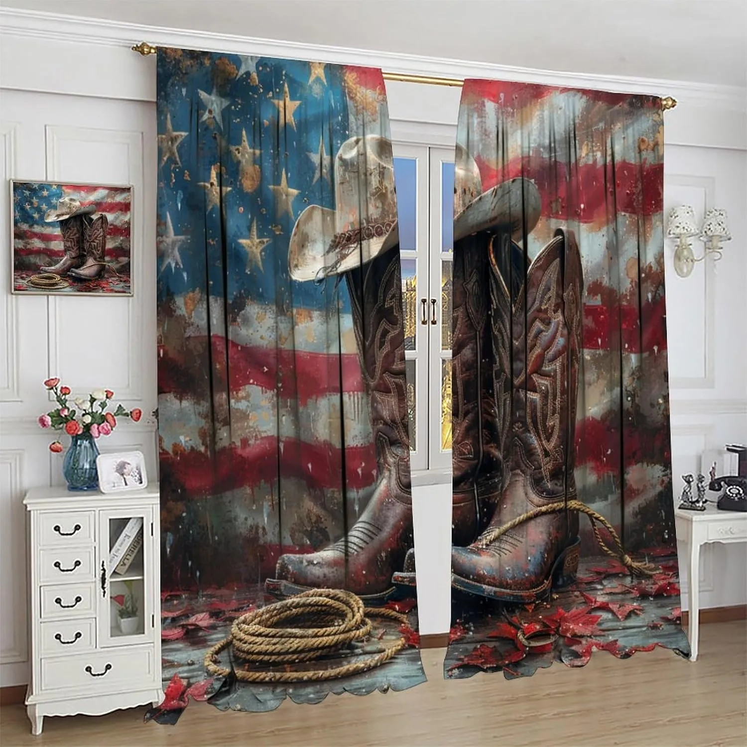 Western Cowboy Boot Blackout Curtains for Bedroom Living Room, Rod Pocket Vintage Hat American Flag Curtains Thermal Insulated Window Drapes 2 Panels, Each 27.5W x 63L