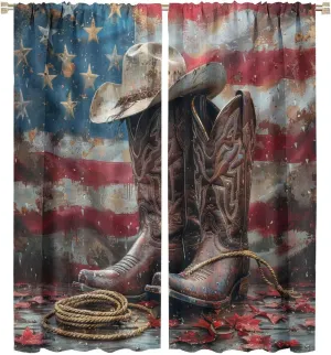 Western Cowboy Boot Blackout Curtains for Bedroom Living Room, Rod Pocket Vintage Hat American Flag Curtains Thermal Insulated Window Drapes 2 Panels, Each 27.5W x 63L
