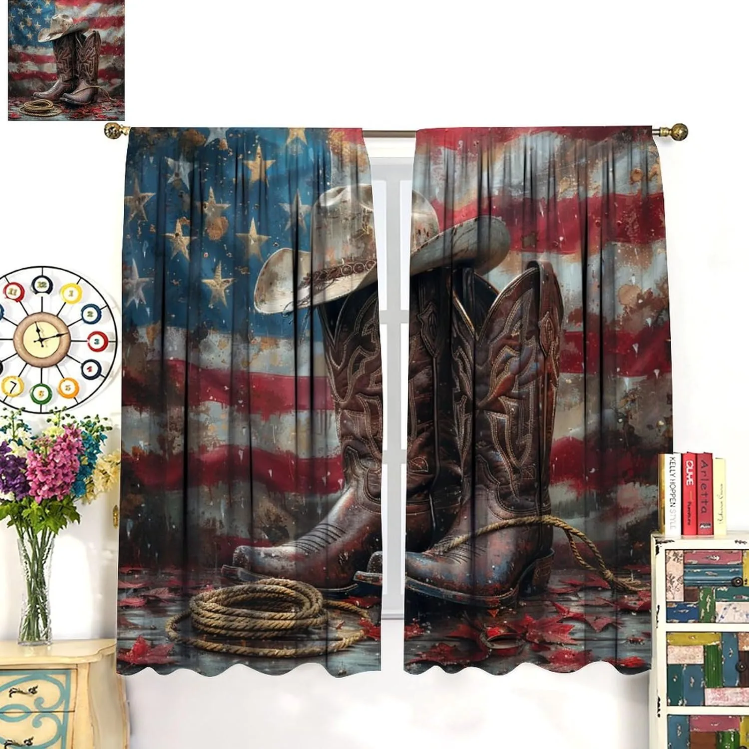 Western Cowboy Boot Blackout Curtains for Bedroom Living Room, Rod Pocket Vintage Hat American Flag Curtains Thermal Insulated Window Drapes 2 Panels, Each 27.5W x 63L