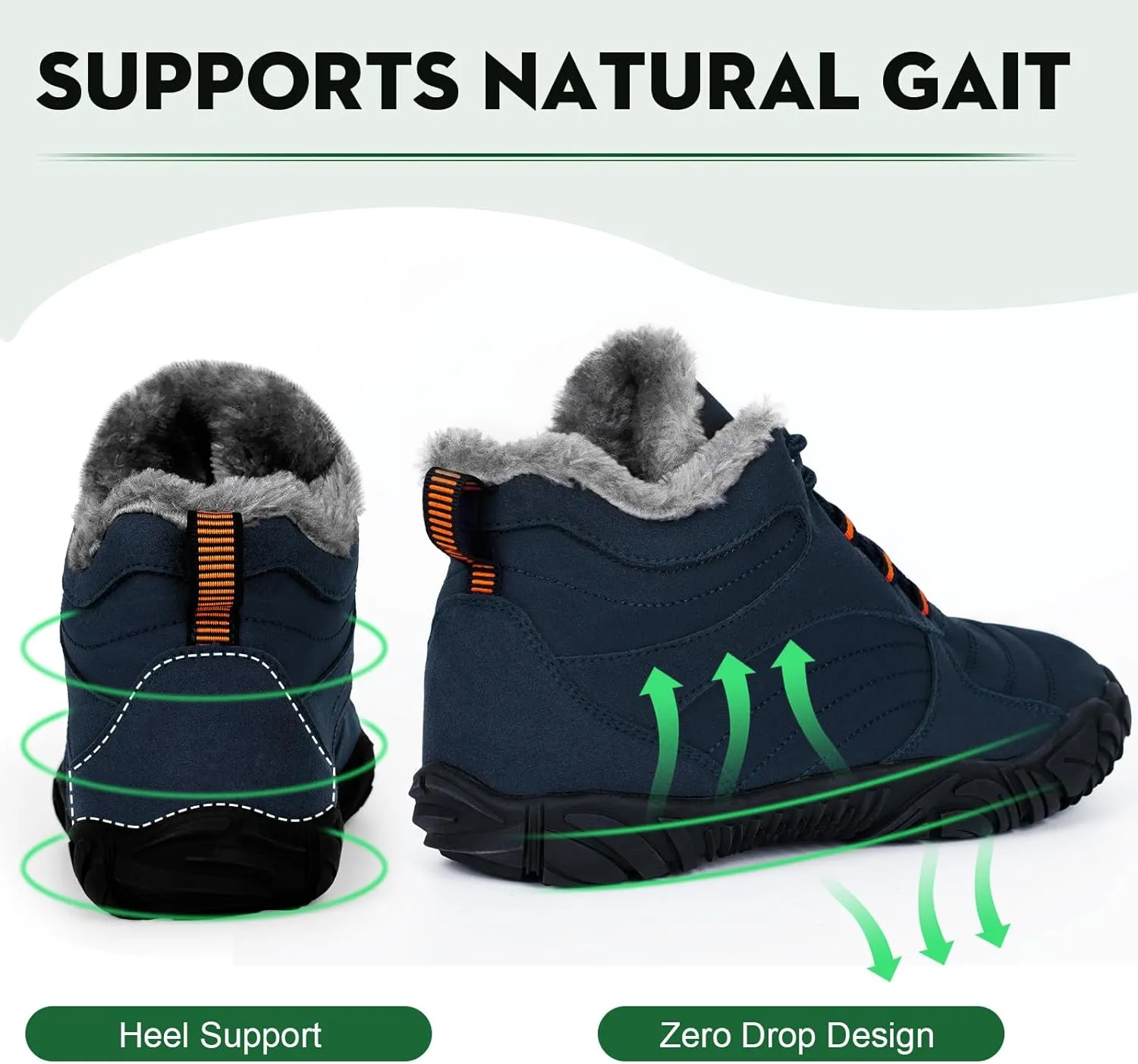 Winter Barefoot Shoes Snow Boots Women Men, Winter Warm Casual Snow Cold Boot Hiking Barefoot Womens Mens, Wide Toe Box Ankle Boot Five Finger Zero Drop Snow Booties Hike Shoes