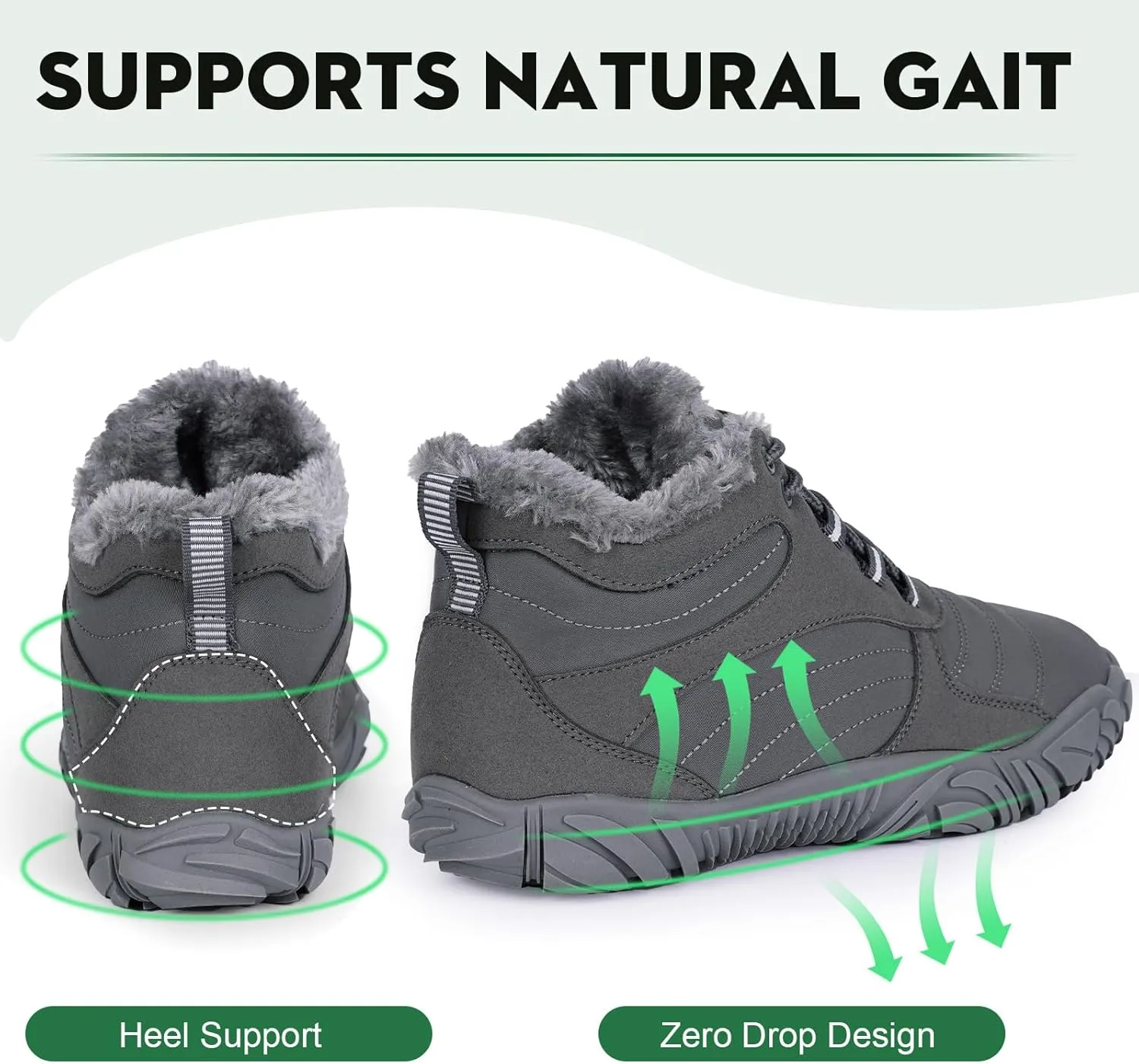 Winter Barefoot Shoes Snow Boots Women Men, Winter Warm Casual Snow Cold Boot Hiking Barefoot Womens Mens, Wide Toe Box Ankle Boot Five Finger Zero Drop Snow Booties Hike Shoes