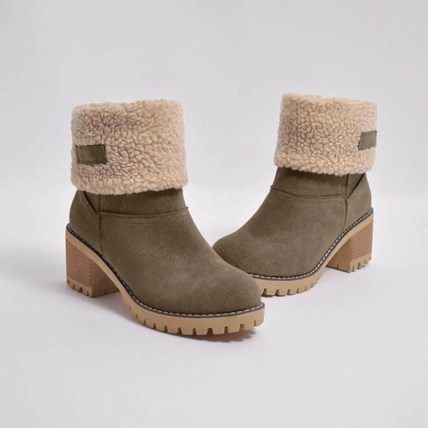 Winter Boots for Women Warm Comfortable Slip On Ankle Boots for Women Chunky Heel Suede Snow Boots Fur Lined Mid Calf Boots Outdoor Shoes