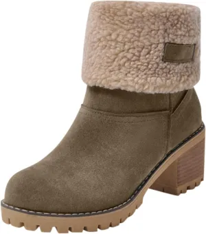Winter Boots for Women Warm Comfortable Slip On Ankle Boots for Women Chunky Heel Suede Snow Boots Fur Lined Mid Calf Boots Outdoor Shoes